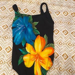 A black floral one piece swimsuit